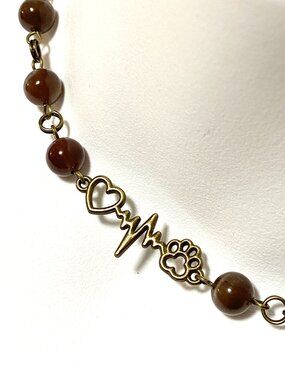 Purple Cat's Eye Adjustable Short Necklace w/ Bronze Paw Print Heart Beat Charm